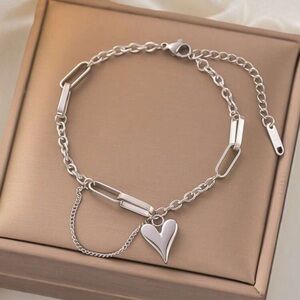 Silver Plated Stainless Steel Heart Charm Bracelet